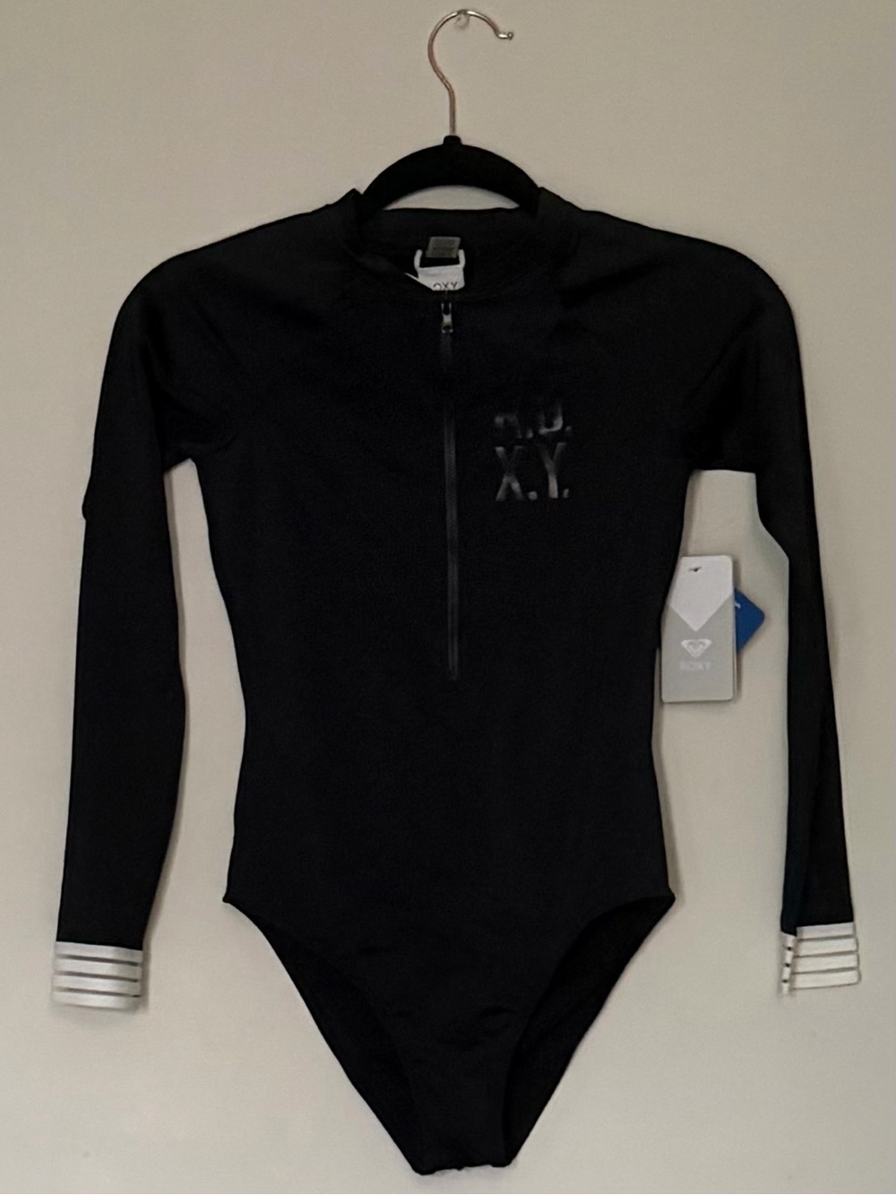 Roxy Black Long-Sleeve One-Piece Rashguard with Striped Cuffs